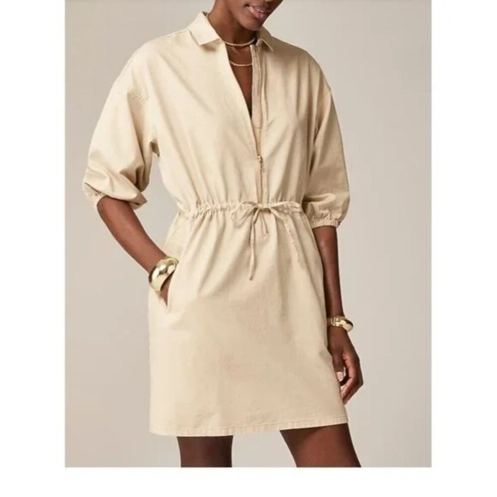 New J. Crew Cinched Zip-up Cream Dress Drapey 100% Cotton Oversized, Size XXL